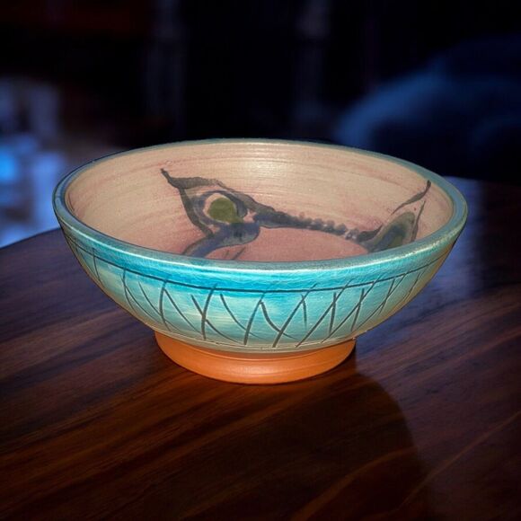 Studio Art Pottery Hand Thrown Unique Glazed Bowl with Dog Artist Signed 8" - Picture 1 of 8
